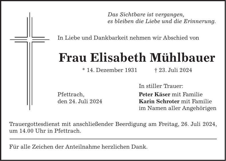 Traueranzeige Elisabeth Mühlbauer