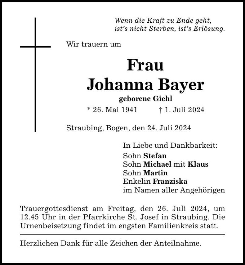 Traueranzeige Johanna Bayer