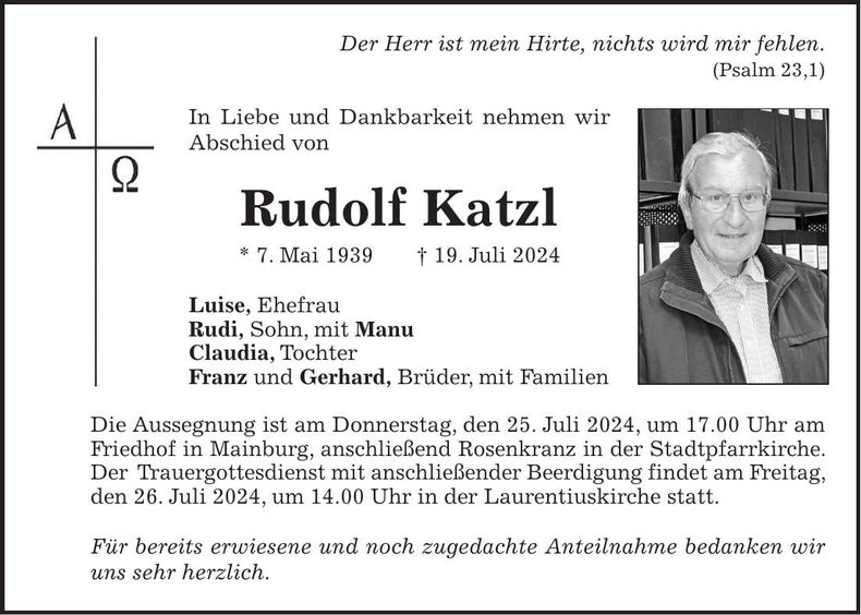 Traueranzeige Rudolf Katzl