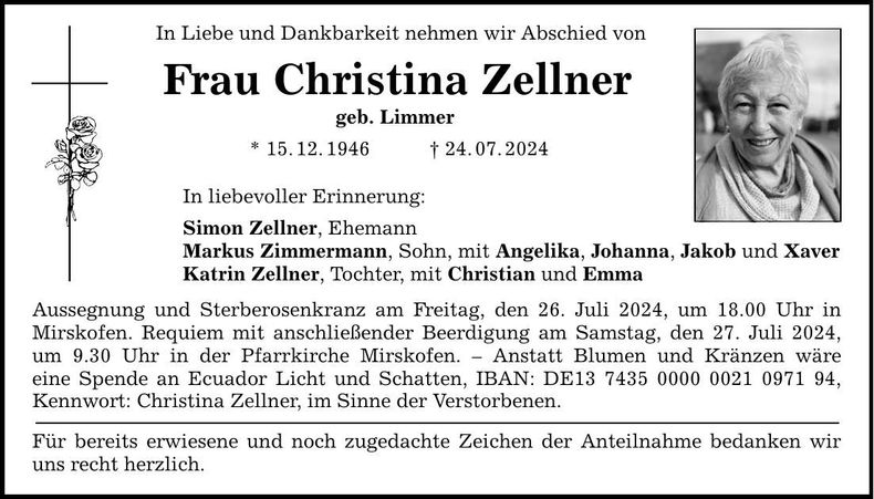 Traueranzeige Christina Zellner