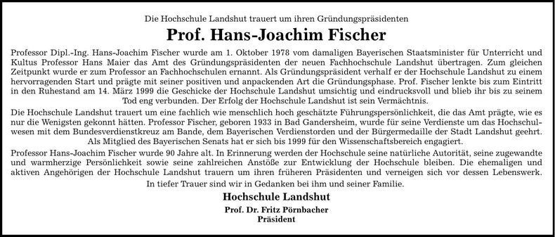 Traueranzeige Prof. Fischer. Hans-Joachim