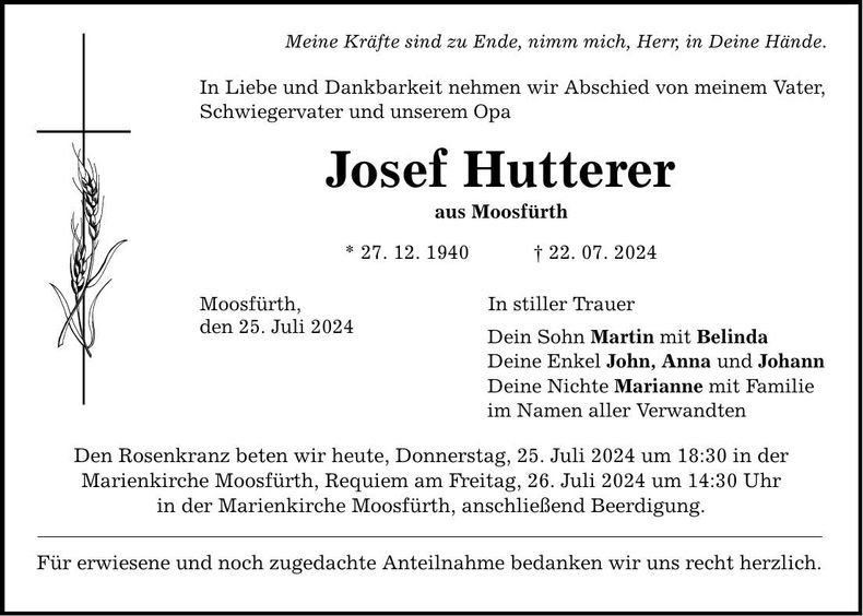 Traueranzeige Josef Hutterer