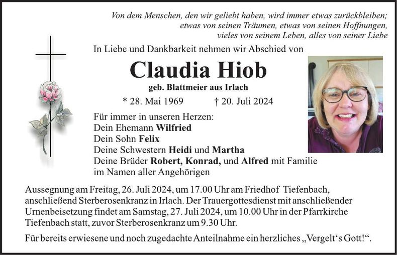 Traueranzeige Claudia Hiob