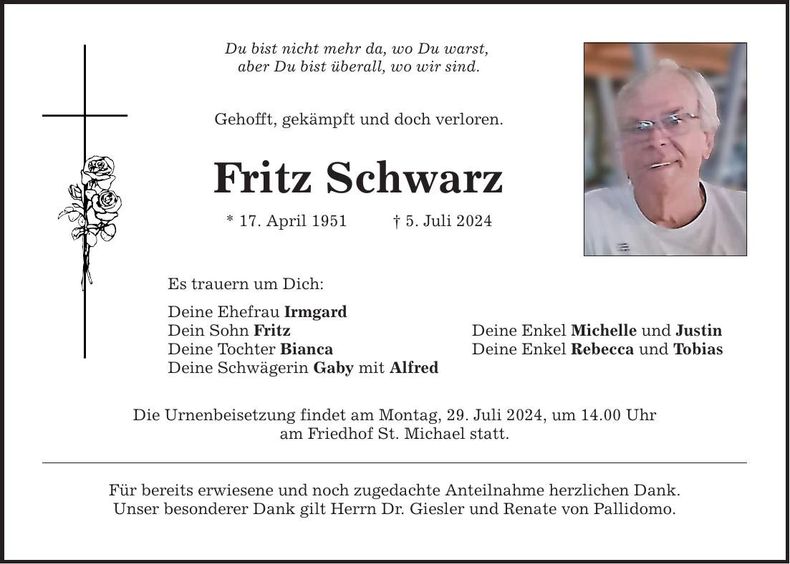Traueranzeige Fritz Schwarz