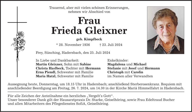 Traueranzeige Frieda Gleixner