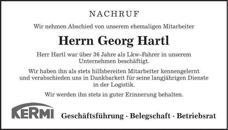 Traueranzeige Georg Hartl