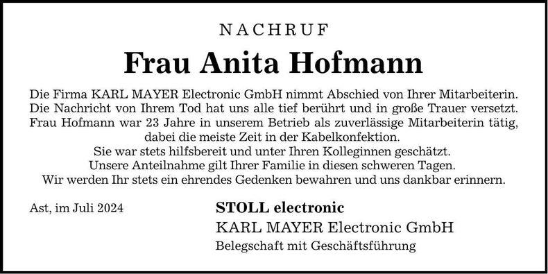 Traueranzeige Anita Hofmann
