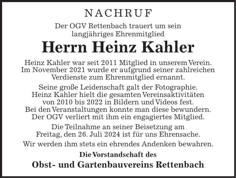 Traueranzeige Heinz Kahler
