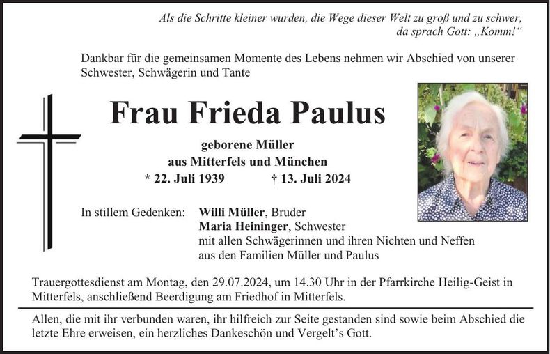 Traueranzeige Frieda Paulus