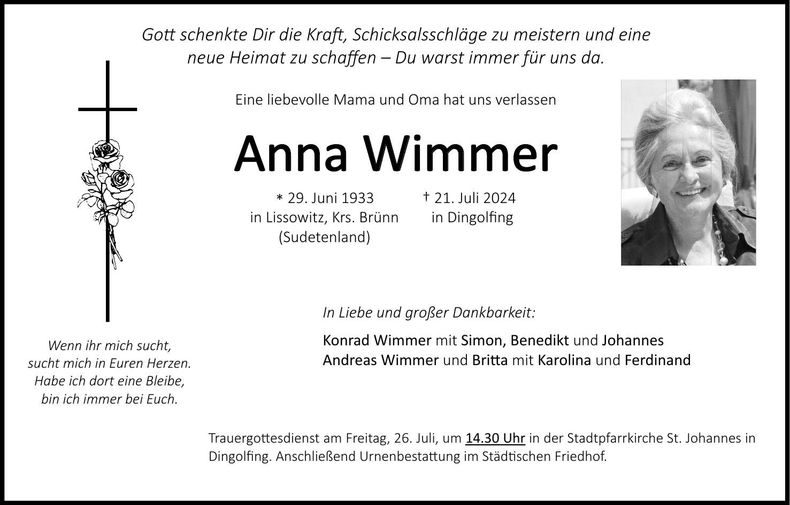 Traueranzeige Annna Wimmer