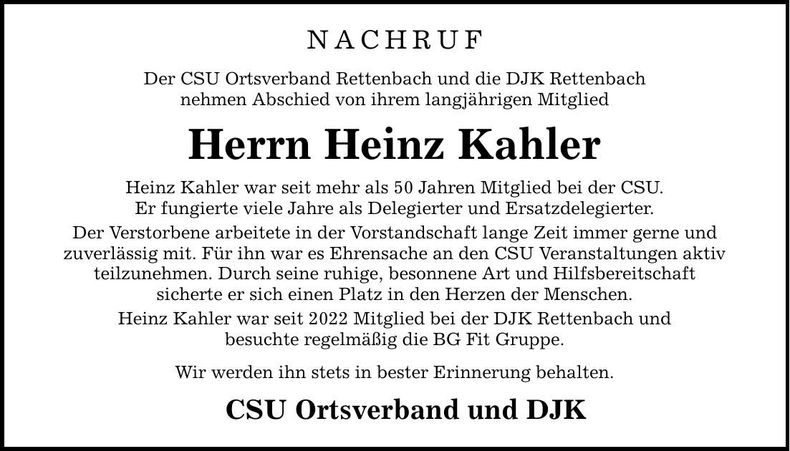 Traueranzeige Heinz Kahler