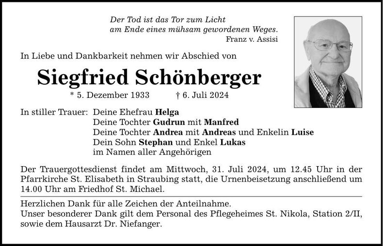 Traueranzeige Siegfried Schönberger