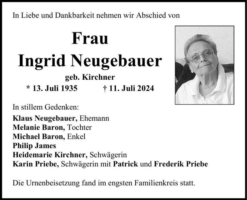 Traueranzeige Ingrid Neugebauer