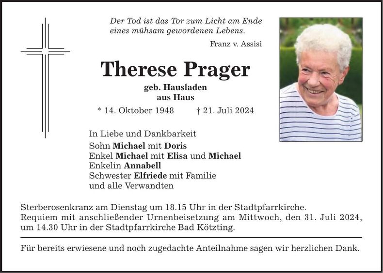 Traueranzeige Therese Prager