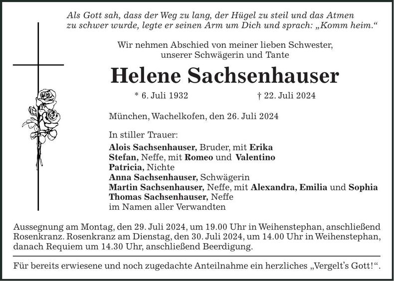 Traueranzeige Helene Sachsenhauser
