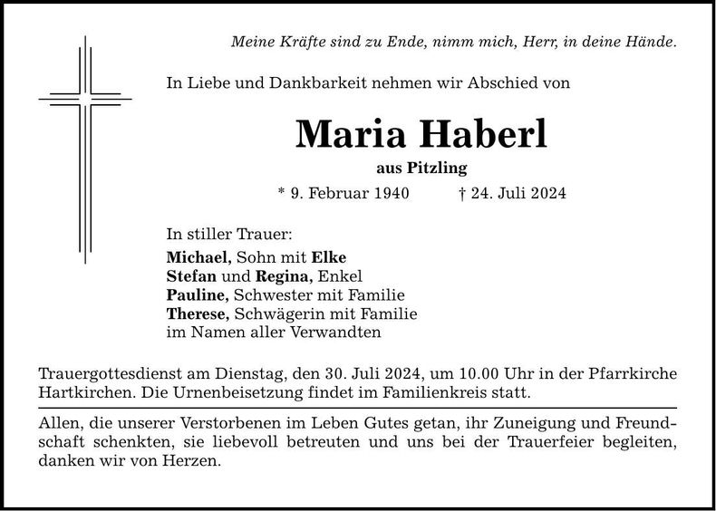 Traueranzeige Maria Haberl