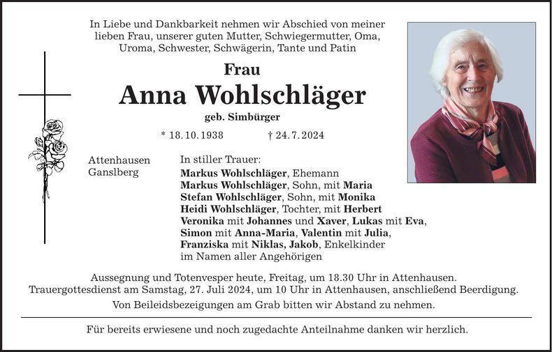Traueranzeige Anna Wohlschläger