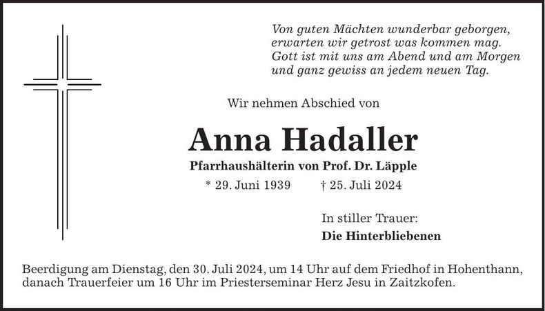 Traueranzeige Anna Hadaller