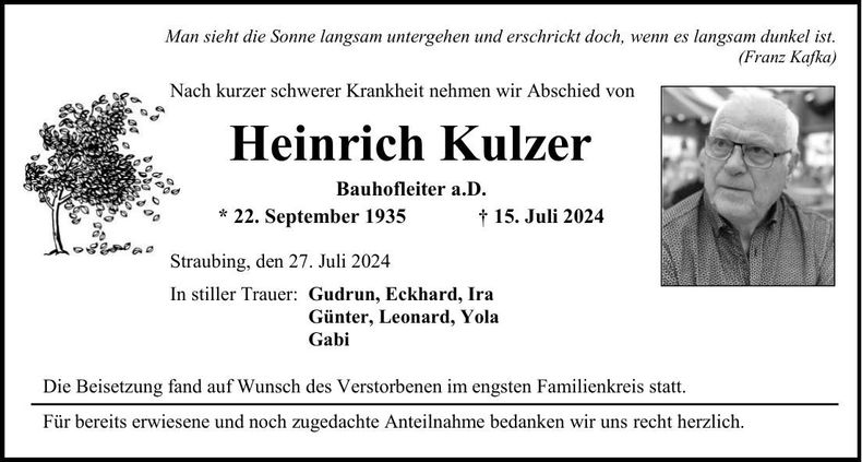 Traueranzeige Heinrich Kulzer