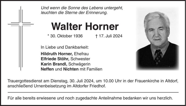 Traueranzeige Walter Horner