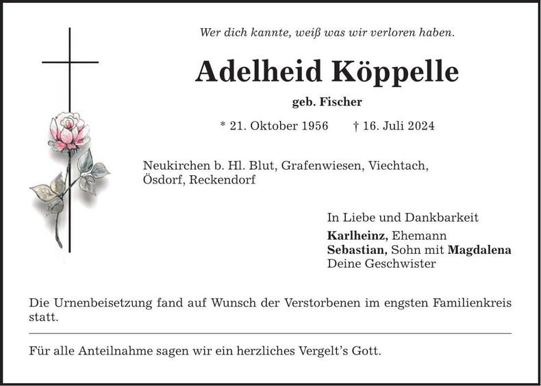 Traueranzeige Adelheid Köpelle