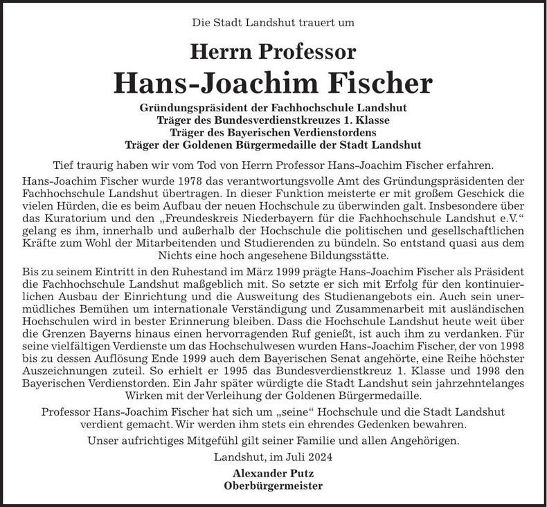 Traueranzeige Hans-Joachim Fischer