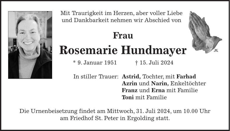 Traueranzeige Rosemarie Hundmayer
