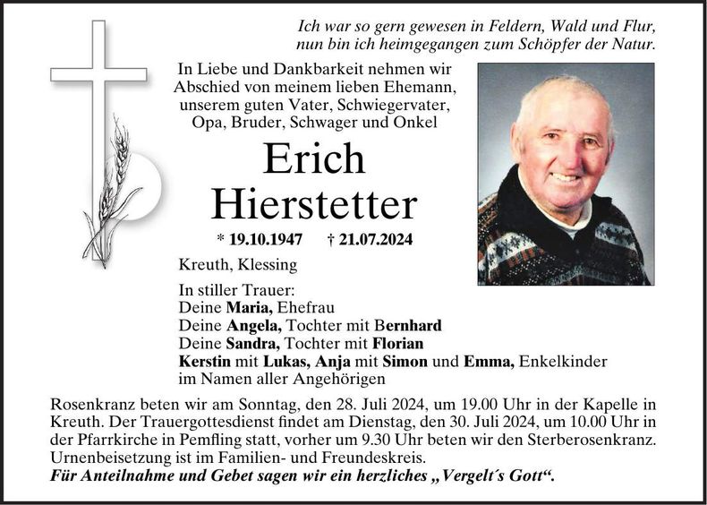 Traueranzeige Erich Hierstetter