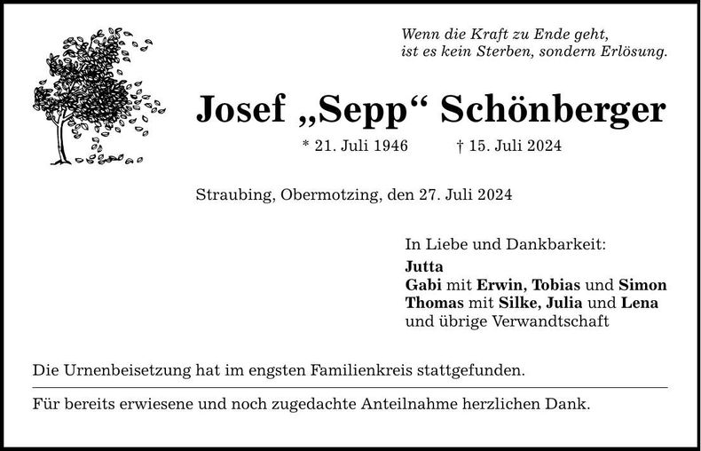 Traueranzeige Josef Schönberger