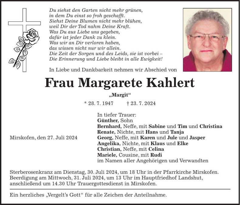 Traueranzeige Margarete Kahlert