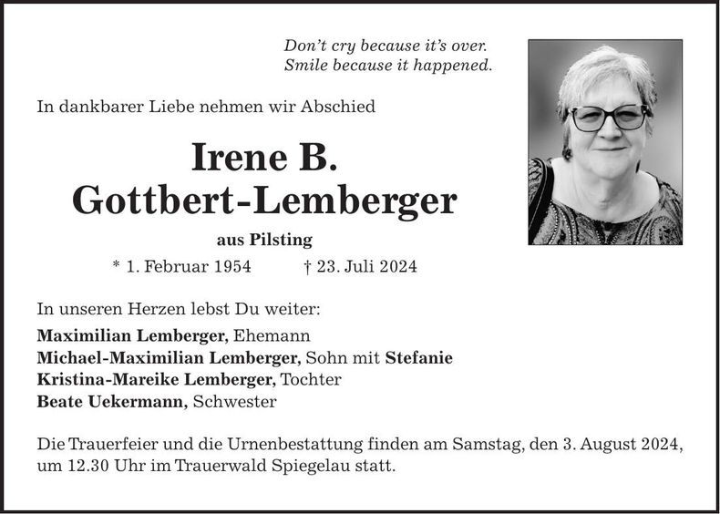 Traueranzeige Irene Gottbert-Lemberger