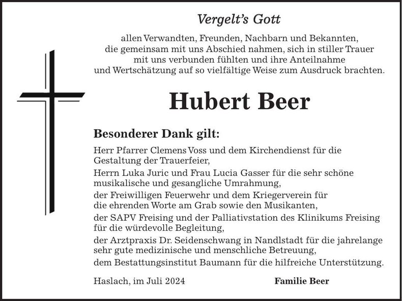Traueranzeige Hubert Beer