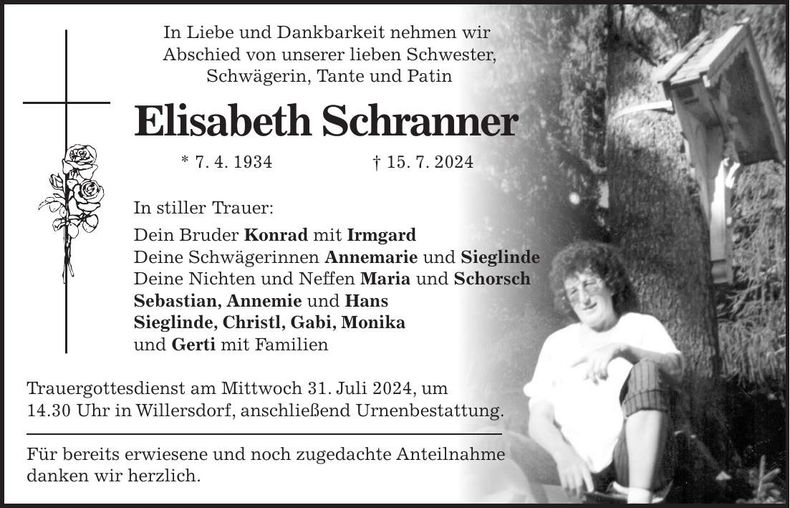 Traueranzeige Elisabeth Schranner