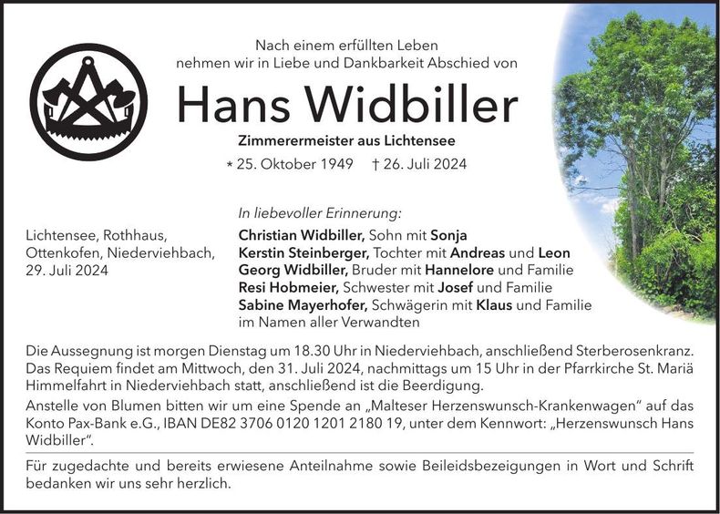 Traueranzeige Hans Widbiller