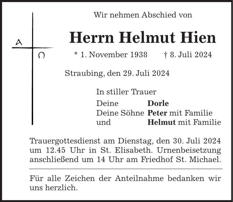 Traueranzeige Helmut Hien