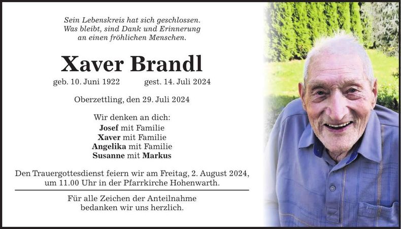 Traueranzeige Xaver Brandl