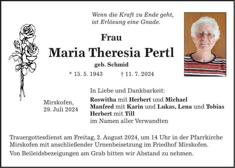 Traueranzeige Maria Theresia Pertl