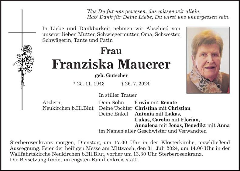 Traueranzeige Franziska Mauerer