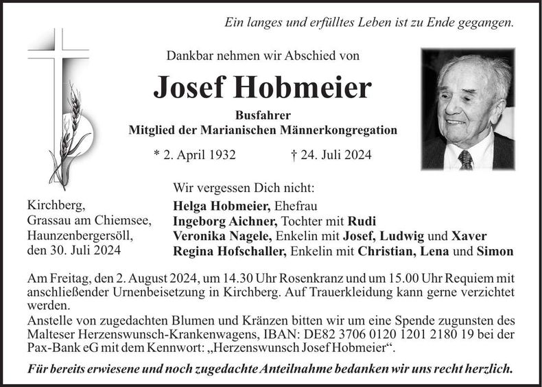 Traueranzeige Josef Hobmeier