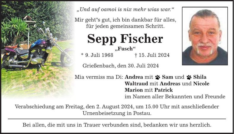 Traueranzeige Sepp Fischer