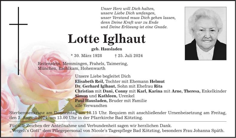 Traueranzeige Lotte Iglhaut