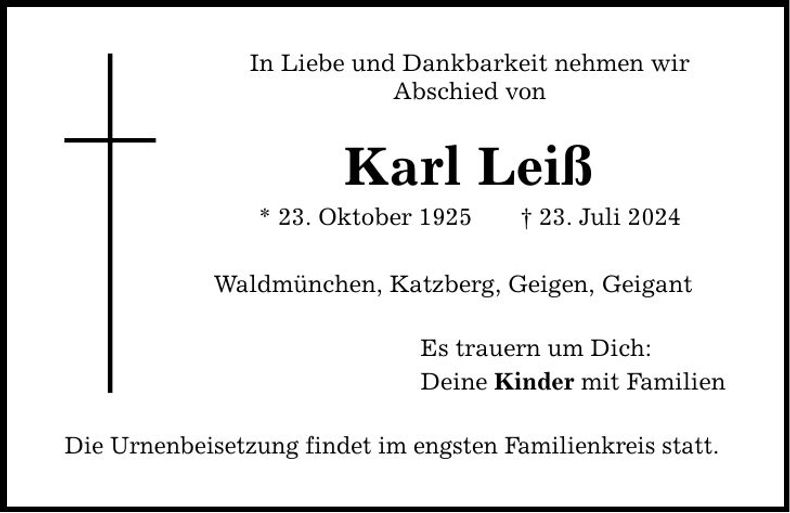 Traueranzeige Karl Leiß