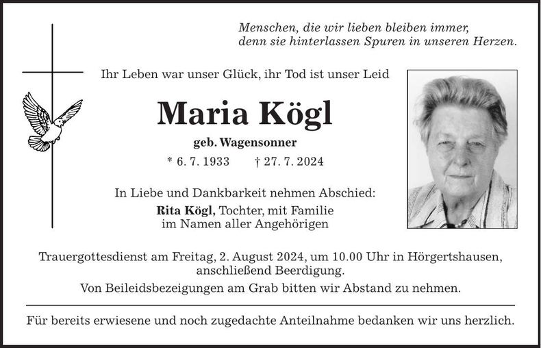 Traueranzeige Maria Kögl