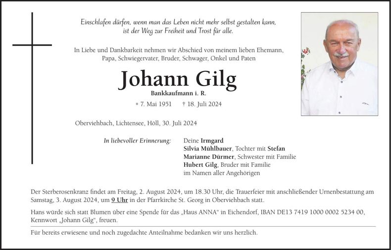 Traueranzeige Johann Gilg