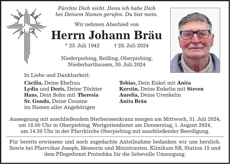 Traueranzeige Johann Bräu