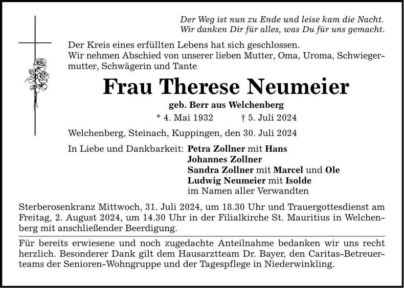 Traueranzeige Therese Neumeier