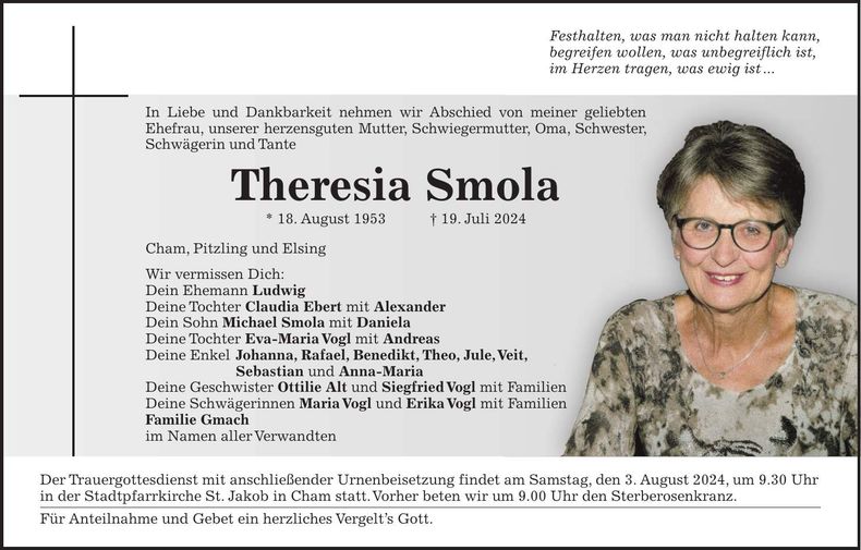 Traueranzeige Theresia Smola