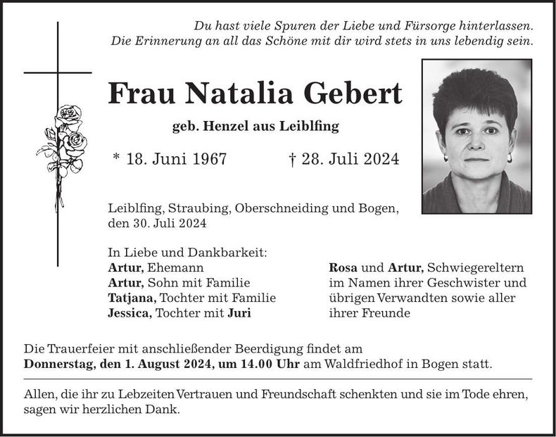 Traueranzeige Natalia Gebert