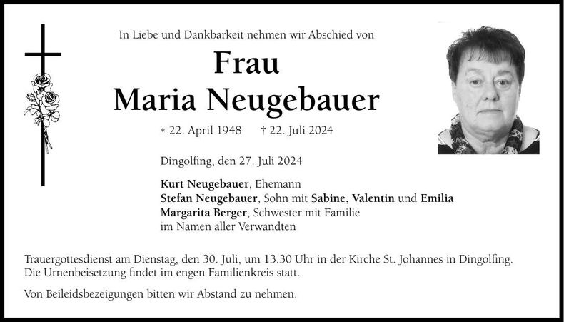 Traueranzeige Maria Neugebauer