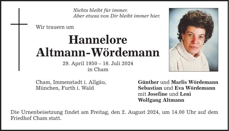 Traueranzeige Hannelore Altmann-Wördemann
